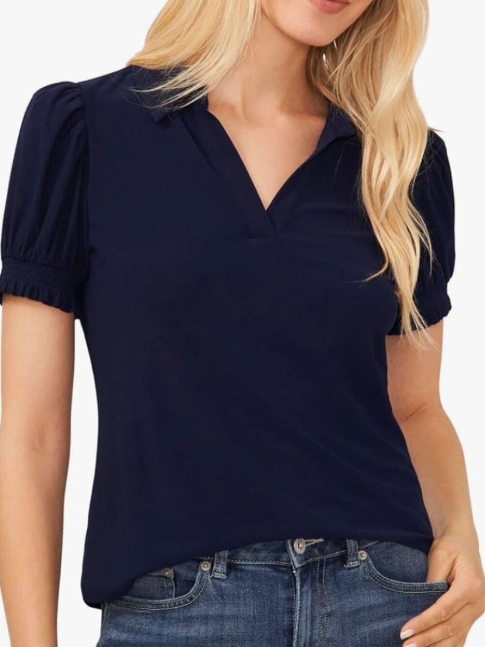 CeCe Navy Crepe Knit Point Collar V-Neck Short Puffed Sleeve Shirt